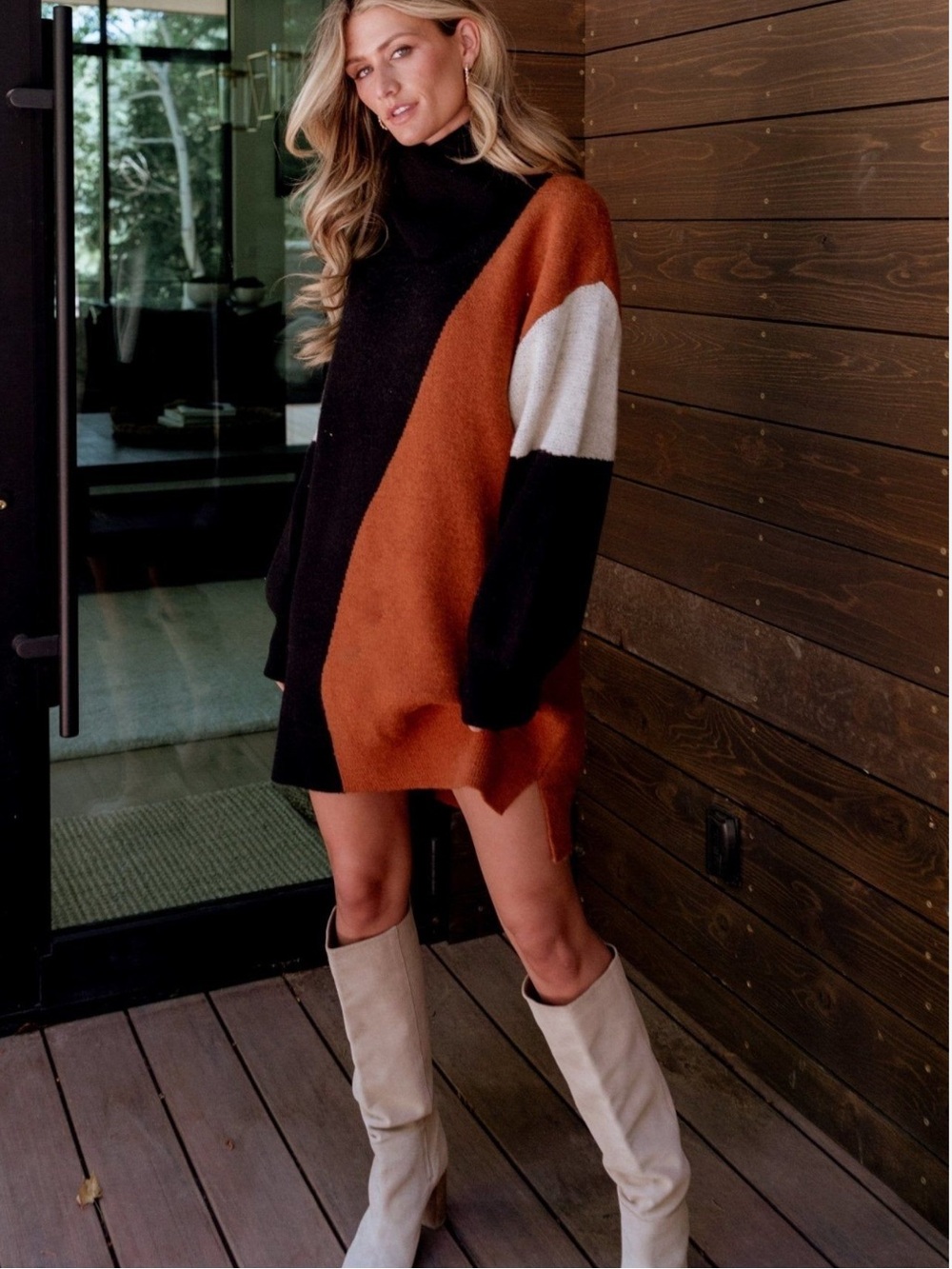 Baltic Born Black, Rust & Cream Colorblock Cowl Neck Sweater